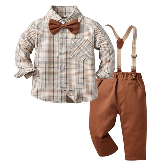 CONZONE Newborn Boys Outfits 2 Piece Long Sleeve Striped Shirts Suspender Pants Set Trendy Fall Clothes for Kids