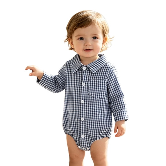 CONZONE Newborn Boys Plaid Romper Long Sleeve Lapel Buttons Jumpsuit for Kids Fall Winter Bodysuits for Boys