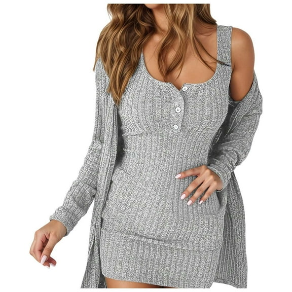 CONZONE Pajamas Sets for Women 2 Peice Pjs Set Long Sleeve Ribbed Knit Dress Outwear Casual Graphic Soft Fall Winter Nightwear Loungewear for Lady