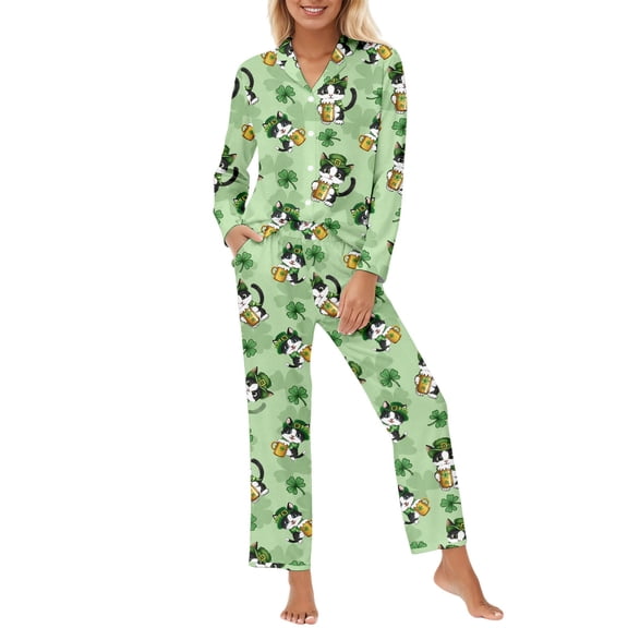 CONZONE Pajamas for Women Set 2 Peice Pjs Set for Women Cartoon Cat Graphic Long Sleeve Sleepwear Tops Pants Warm Cozy Sleepwear Loungewear Sets