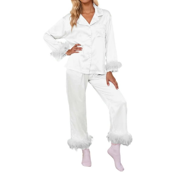 CONZONE Pajamas for Women Set 2 Peice Pjs Set for Women Solid Color Long Sleeve Feather Trim Sleepwear Tops Pants Warm Cozy Sleepwear Loungewear Sets