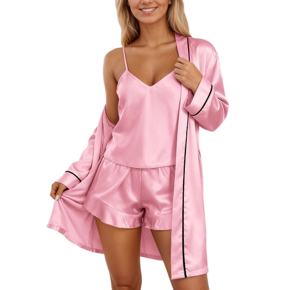 CONZONE Pajamas for Women Set 3 Peice Pjs Set for Women Solid Color Long Sleeve Sleepwear Tops Shorts Robe Soft Cozy Sleepwear Loungewear Sets