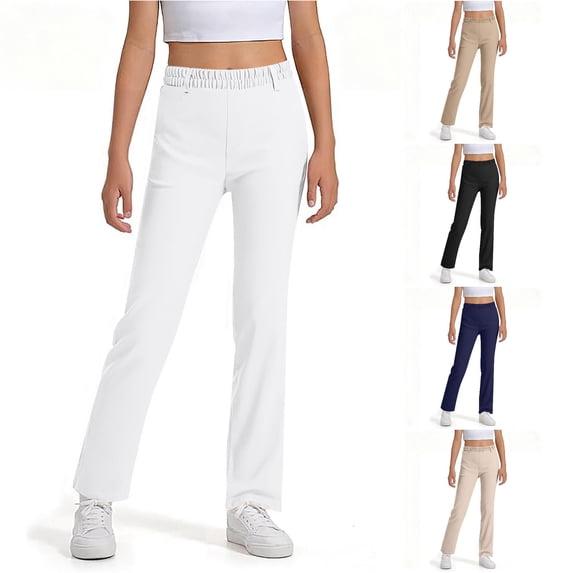 CONZONE Pants For Big Girls Straight Leg Elastic Waist Girls Pants With Pockets Modern Fit Casual Fall School Trousers For Girls Size 7-8 Years White