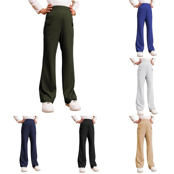 CONZONE School Uniform Pants For Big Girls Straight Leg Elastic Waist Girls Pants With Pockets Relaxed Fit Casual Fall Trousers For Girls Size 13-14 Years Dark Green