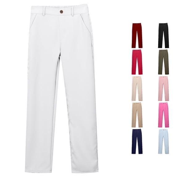 CONZONE School Uniform Pants For Big Girls Straight Leg High Waist Girls Pants With Pockets Relaxed Fit Casual Fall Trousers For Girls Size 15-16 Years White