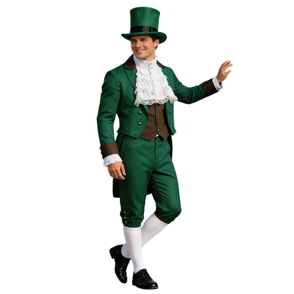CONZONE St. Patrick Day Mens Elf Dress Up Green Clover Tailcoat And Hat Outfit Funny Party Stage Performance Clothes Set