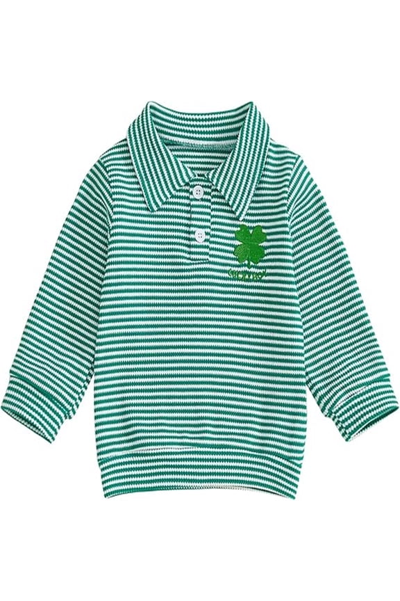 St. Patrick'S Day Toddler Baby Boys Polo Shirts Green Clover Graphic Long Sleeve Buttons Tee Shirt for Boys Lapel Lightweight Loose Fit Kids Spring Summer Tops