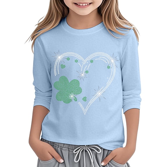 CONZONE St. Patrick'S Day Toddler Baby Girls T Shirts 3/4 Sleeve Fashion Clover Graphic Tee Shirt for Girls Crew Neck Soft Loose Childrens Spring Tops
