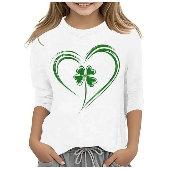 CONZONE St. Patrick'S Day Toddler Baby Girls T Shirts 3/4 Sleeve Fashion Clover Graphic Tee Shirt for Girls Crew Neck Soft Loose Childrens Spring Tops