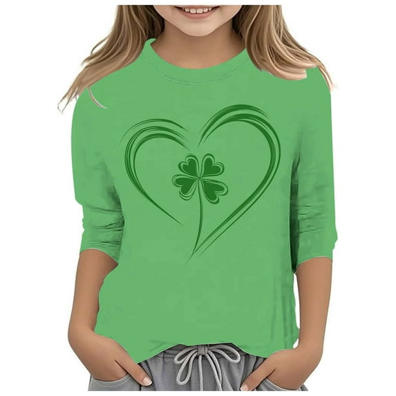 CONZONE St. Patrick'S Day Toddler Baby Girls T Shirts 3/4 Sleeve Fashion Clover Graphic Tee Shirt for Girls Crew Neck Soft Loose Childrens Spring Tops