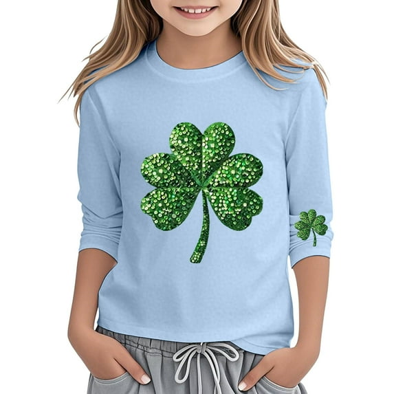 CONZONE St. Patrick'S Day Toddler Baby Girls T Shirts 3/4 Sleeve Fashion Clover Graphic Tee Shirt for Girls Crew Neck Soft Loose Childrens Spring Tops