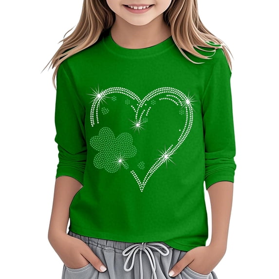 CONZONE St. Patrick'S Day Toddler Baby Girls T Shirts 3/4 Sleeve Fashion Clover Graphic Tee Shirt for Girls Crew Neck Soft Loose Childrens Spring Tops