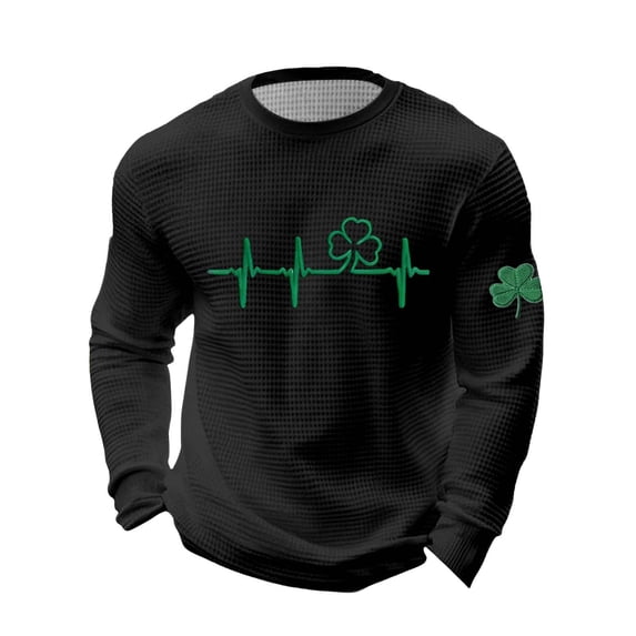 CONZONE St. Patrick's Day Men's T-Shirts Long Sleeve T Shirts for Men Casual Crew Neck Green Clover Embroidery Lightweight Tees Soft Cozy Athletic Tops