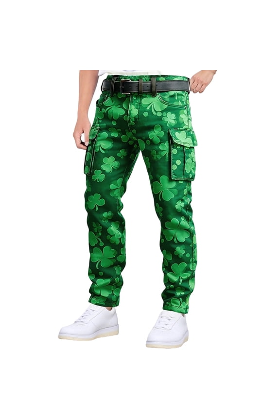 St. Patrick's Day Mens Baggy Cargo Shorts Green Clover Graphic Buttons Cargo Pants for Men Lightweight Relaxed Fit Streetwear Workout Trousers With Pockets
