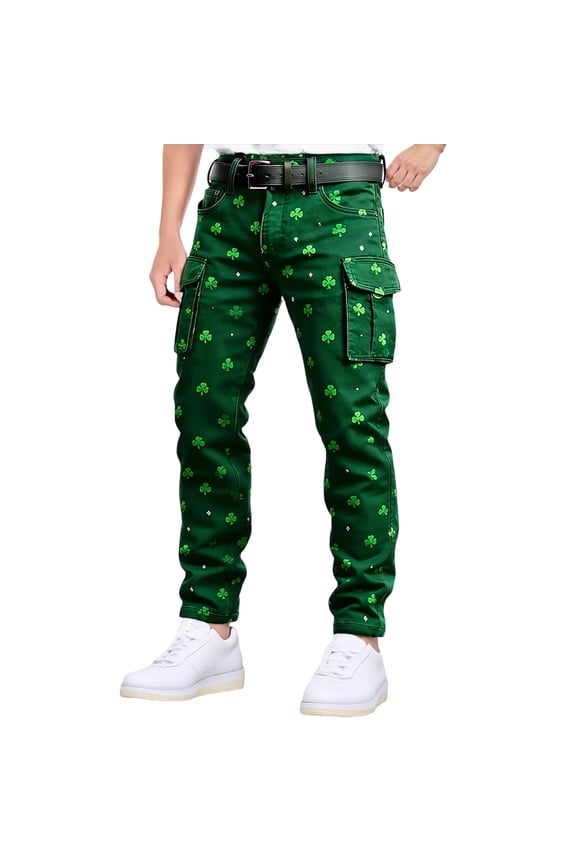 St. Patrick's Day Mens Baggy Cargo Shorts Green Clover Graphic Buttons Cargo Pants for Men Lightweight Relaxed Fit Streetwear Workout Trousers With Pockets