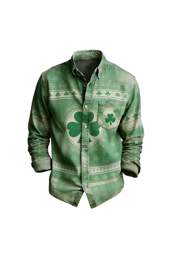 St. Patrick's Day Mens Buttons Down Shirts Long Sleeve Shirts for Men Trendy Green Clover Graphic Lapel Soft Lightweight Tops