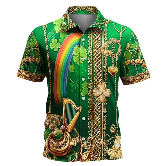 CONZONE St. Patrick's Day Mens Buttons Down Shirts Short Sleeve Shirts for Men Trendy Green Clover Graphic Lapel Soft Lightweight Tops