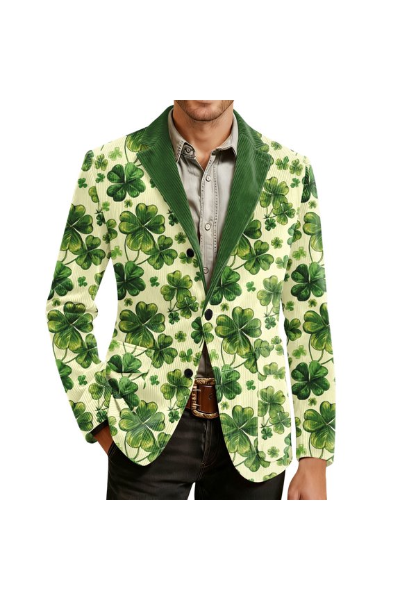 St. Patrick's Day Mens Corduroy Blazer Casual Mens Blazer Clover Embroidery One Button Elegant Slim Fit Dress Jacket for Performance,Prom,Wedding