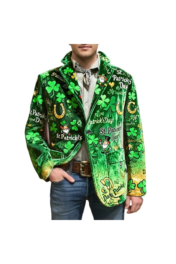 St. Patrick's Day Mens Corduroy Blazer Casual Mens Blazer Clover Embroidery One Button Elegant Slim Fit Dress Jacket for Performance,Prom,Wedding
