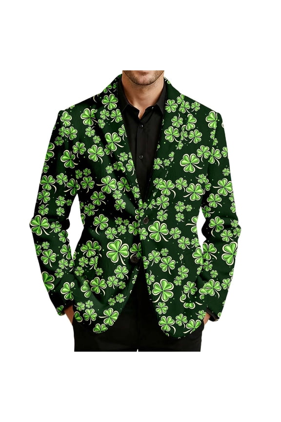 St. Patrick's Day Mens Corduroy Blazer Casual Suit Jacket for Men Clover Embroidery Two Buttons Elegant Slim Fit Dress Jacket for Performance,Prom,Wedding