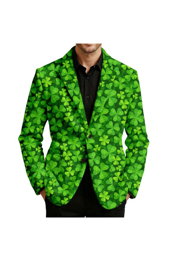 St. Patrick's Day Mens Corduroy Blazer Casual Suit Jacket for Men Clover Embroidery Two Buttons Elegant Slim Fit Dress Jacket for Performance,Prom,Wedding