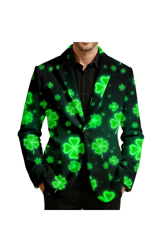 St. Patrick's Day Mens Corduroy Blazer Casual Suit Jacket for Men Clover Embroidery Two Buttons Elegant Slim Fit Dress Jacket for Performance,Prom,Wedding