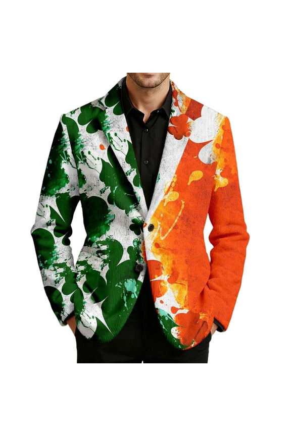 St. Patrick's Day Mens Corduroy Blazer Casual Suit Jacket for Men Clover Embroidery Two Buttons Elegant Slim Fit Dress Jacket for Performance,Prom,Wedding
