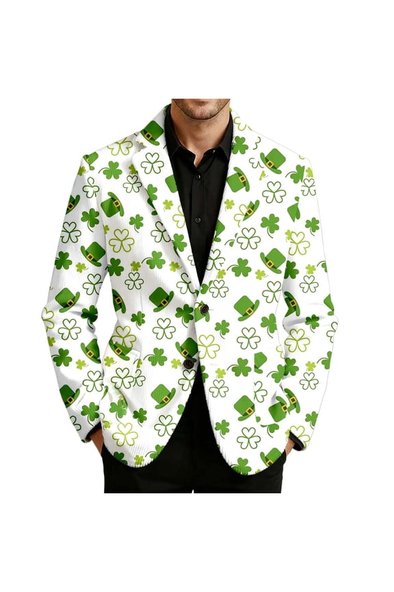 St. Patrick's Day Mens Corduroy Blazer Casual Suit Jacket for Men Clover Embroidery Two Buttons Elegant Slim Fit Dress Jacket for Performance,Prom,Wedding