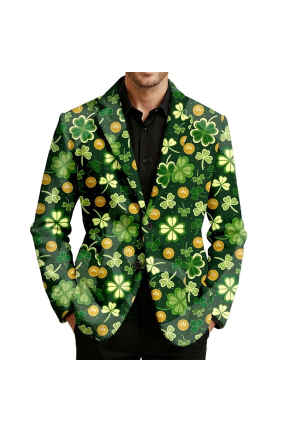 St. Patrick's Day Mens Corduroy Blazer Casual Suit Jacket for Men Clover Embroidery Two Buttons Elegant Slim Fit Dress Jacket for Performance,Prom,Wedding