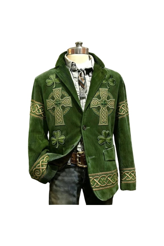 St. Patrick's Day Mens Corduroy Blazer Casual Suit Jacket for Men Clover Embroidery Two Buttons Elegant Slim Fit Dress Jacket for Performance,Prom,Wedding