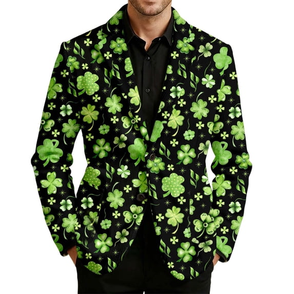 CONZONE St. Patrick's Day Mens Corduroy Blazer Casual Suit Jacket for Men Clover Embroidery Two Buttons Elegant Slim Fit Dress Jacket for Performance,Prom,Wedding