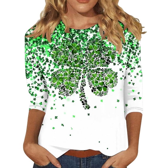 CONZONE St. Patrick's Day Women's T-Shirts 3/4 Sleeve T-Shirts for Women Trendy Clover Graphic Soft Loose Fit 2026 Fashion Tops for Lady