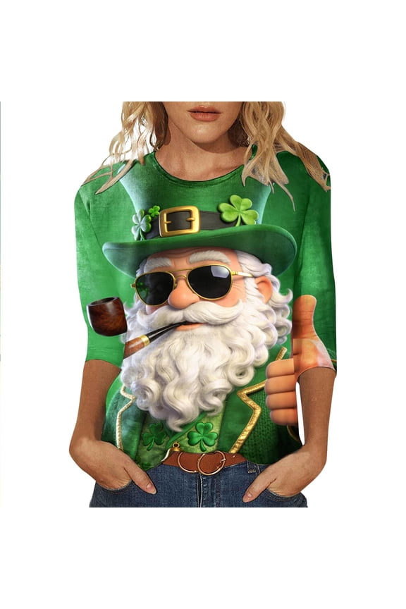 St. Patrick's Day Women's T-Shirts 3/4 Sleeve T-Shirts for Women Trendy Elf Graphic Soft Loose Fit 2026 Fashion Tops for Lady