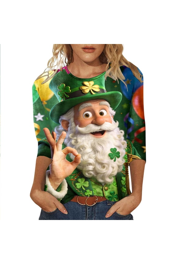 St. Patrick's Day Women's T-Shirts 3/4 Sleeve T-Shirts for Women Trendy Elf Graphic Soft Loose Fit 2026 Fashion Tops for Lady