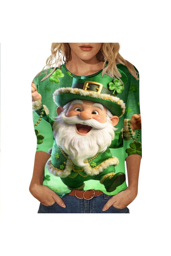 St. Patrick's Day Women's T-Shirts 3/4 Sleeve T-Shirts for Women Trendy Elf Graphic Soft Loose Fit 2026 Fashion Tops for Lady