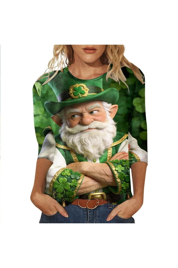 St. Patrick's Day Women's T-Shirts 3/4 Sleeve T-Shirts for Women Trendy Elf Graphic Soft Loose Fit 2026 Fashion Tops for Lady