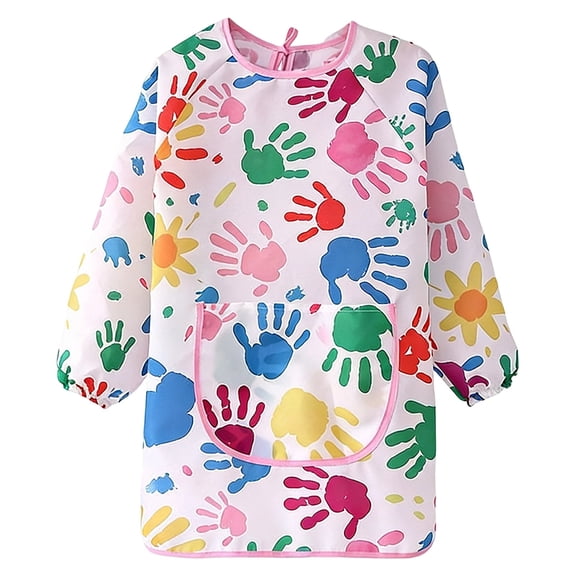 CONZONE Summer Tops For Girls Long Sleeve Printed Painting Smock For Girls With Front Pocket Crew Neck Children Tees Size 5-7 Years Pink