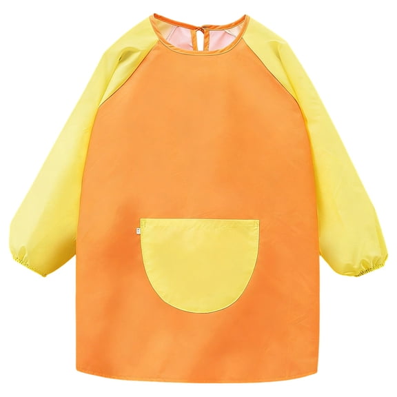 CONZONE Summer Tops For Girls Long Sleeve Solid Color Painting Smock For Girls With Front Pocket Crew Neck Casual Children Tees Size 1-4 Years Orange