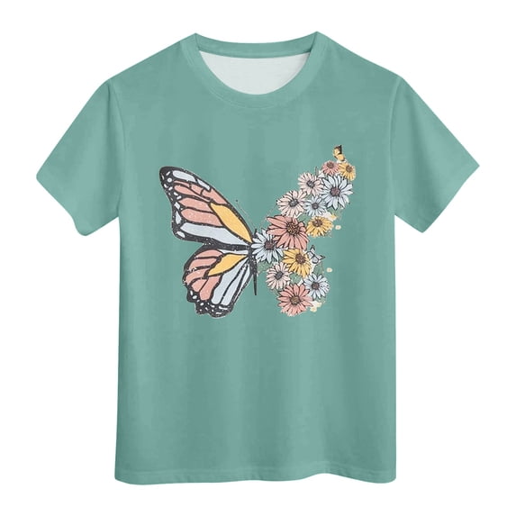 CONZONE Summer Tops For Girls Short Sleeve Butterfly Floral Print Shirts For Girls Crew Neck Soft Children Tees Size 3-4 Years Green