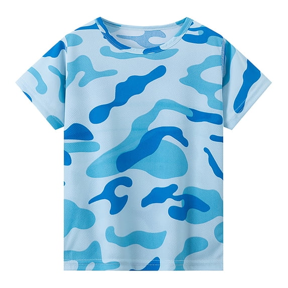 CONZONE Summer Tops For Girls Short Sleeve Camouflage Print Shirts For Girls Crew Neck Soft Children Tees Size 3-4 Years Blue
