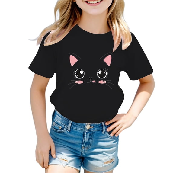CONZONE Summer Tops For Girls Short Sleeve Cartoon Graphic Tshirts For Girls Crew Neck Cute Children Tees Size 3-4 Years Black