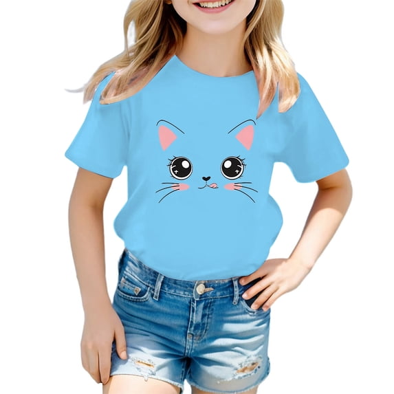CONZONE Summer Tops For Girls Short Sleeve Cartoon Graphic Tshirts For Girls Crew Neck Cute Children Tees Size 7-8 Years Blue