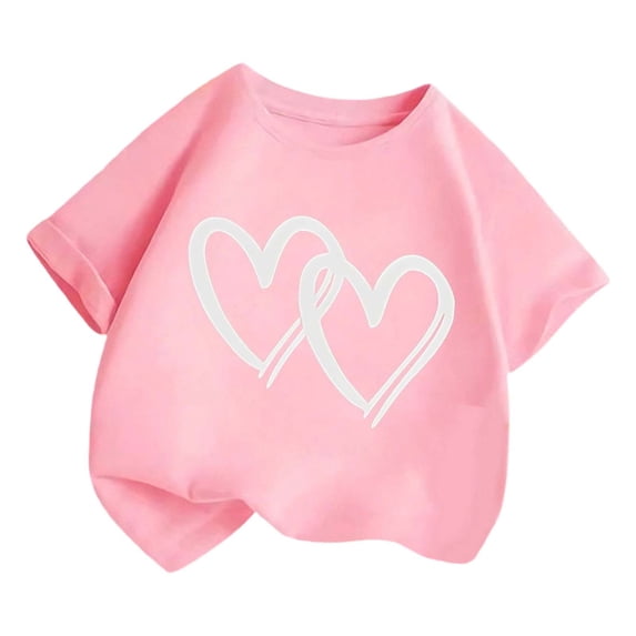 CONZONE Summer Tops For Girls Short Sleeve Heart Print Tshirts For Girls Crew Neck Casual Toddler Tees Size 12-13 Years Pink