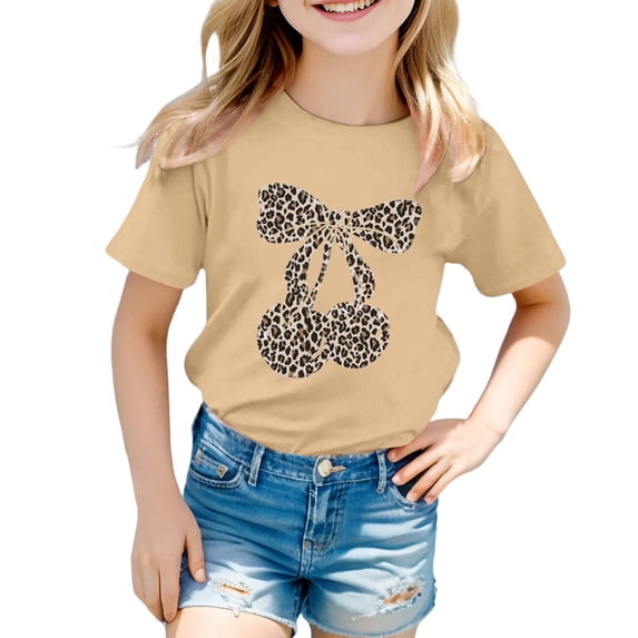 CONZONE Summer Tops For Girls Short Sleeve Leopard Cherry Graphic Tshirts For Girls Crew Neck Soft Children Tees Size 5-6 Years Khaki