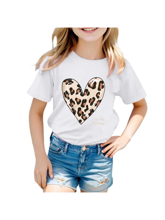 Summer Tops For Girls Short Sleeve Leopard Heart Graphic Tshirts For Girls Crew Neck Casual Children Tees Size 5-6 Years White