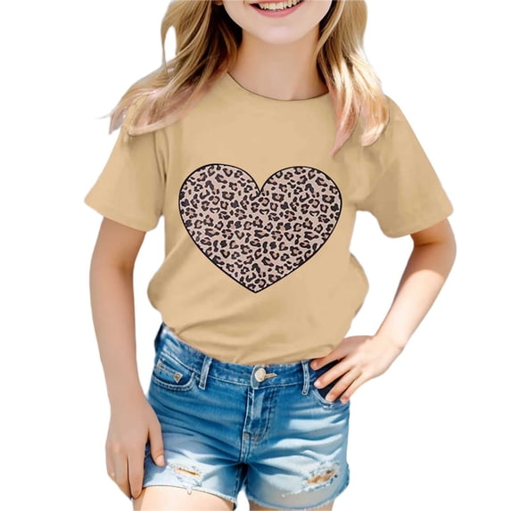 CONZONE Summer Tops For Girls Short Sleeve Leopard Heart Graphic Tshirts For Girls Crew Neck Soft Children Tees Size 12-13 Years Khaki