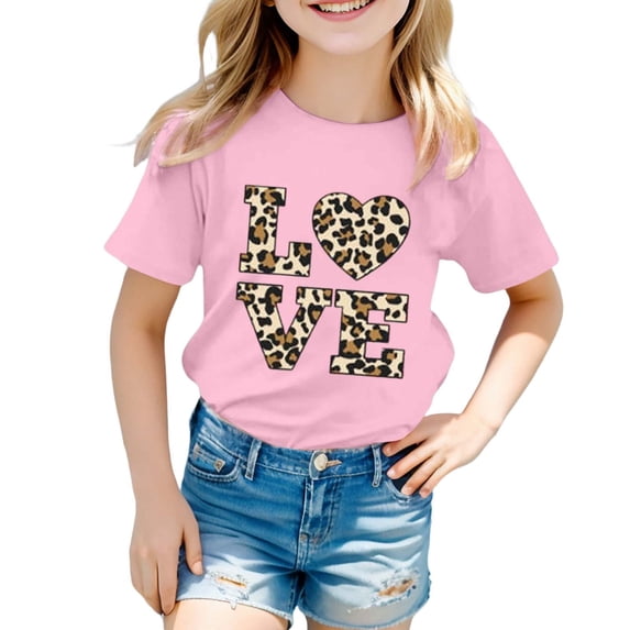 CONZONE Summer Tops For Girls Short Sleeve Letter Leopard Graphic Tshirts For Girls Crew Neck Casual Toddler Tees Size 8-9 Years Pink