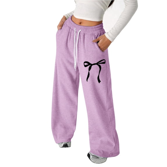 CONZONE Sweatpants for Big Girls Wide Leg Bow Graphic Girls Baggy Pants Elastic Waist Drawstring Cozy Fall Trousers with Pockets Size 12-13 Years
