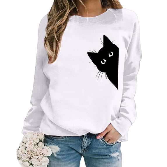 CONZONE Sweatshirt For Women Long Sleeve Crew Neck Pullover Sweatshirts For Women Cat Graphic Cozy Fall Winter Womens Hoodies