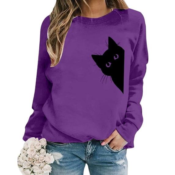 CONZONE Sweatshirt For Women Long Sleeve Crew Neck Pullover Sweatshirts For Women Cat Graphic Cozy Fall Winter Womens Hoodies